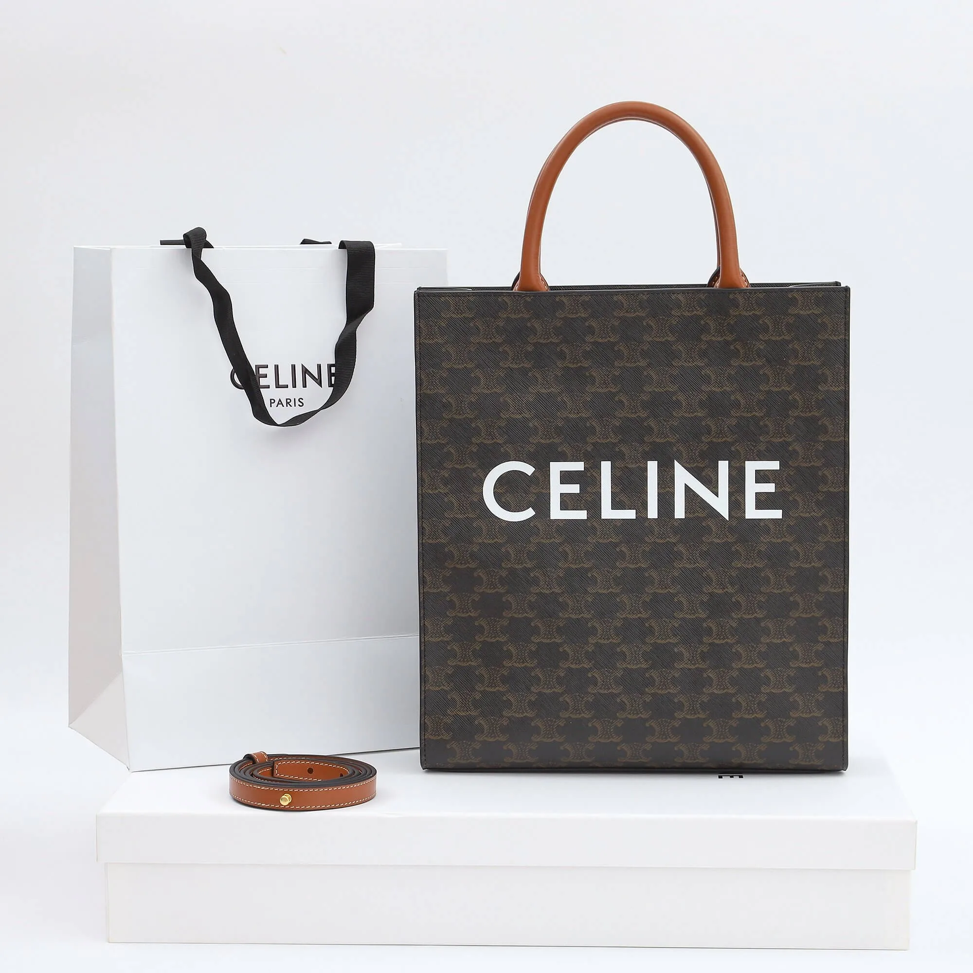 CELINE Vertical Cabas bag in calfskin with logo print and Celine print