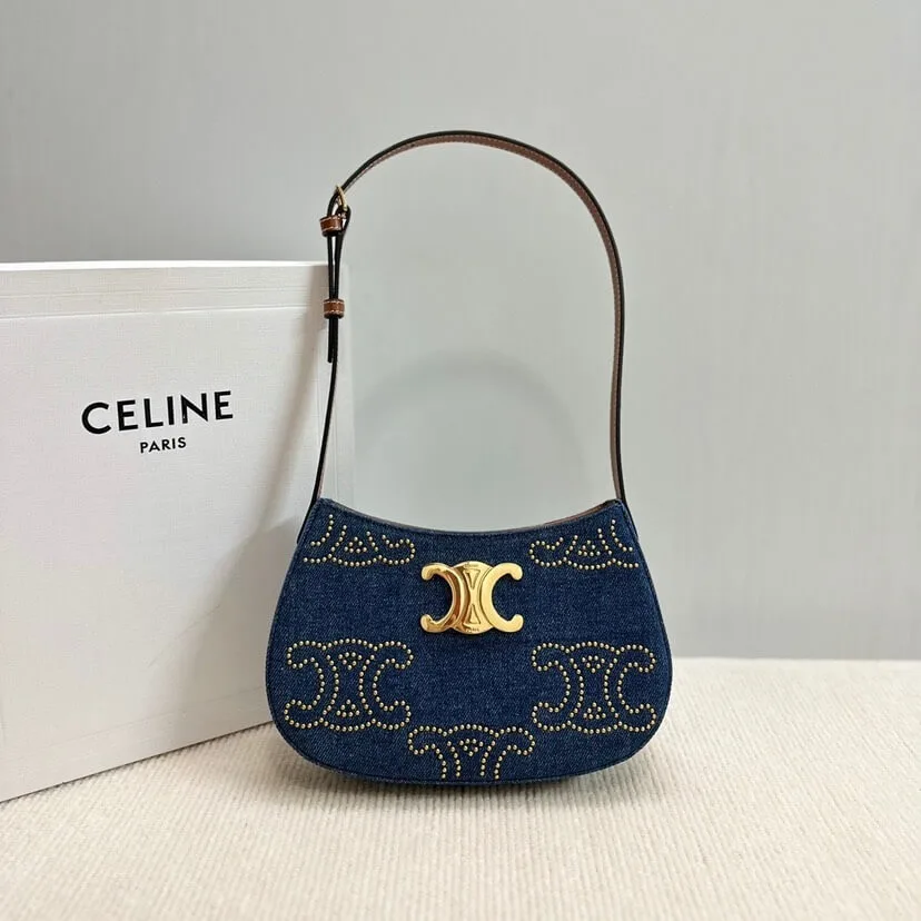 CELINE TILLY TRIOMPHE Medium Bag in Studded Denim and Calfskin