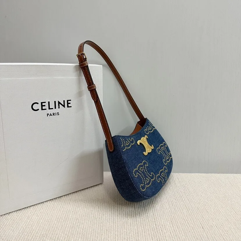 CELINE TILLY TRIOMPHE Medium Bag in Studded Denim and Calfskin