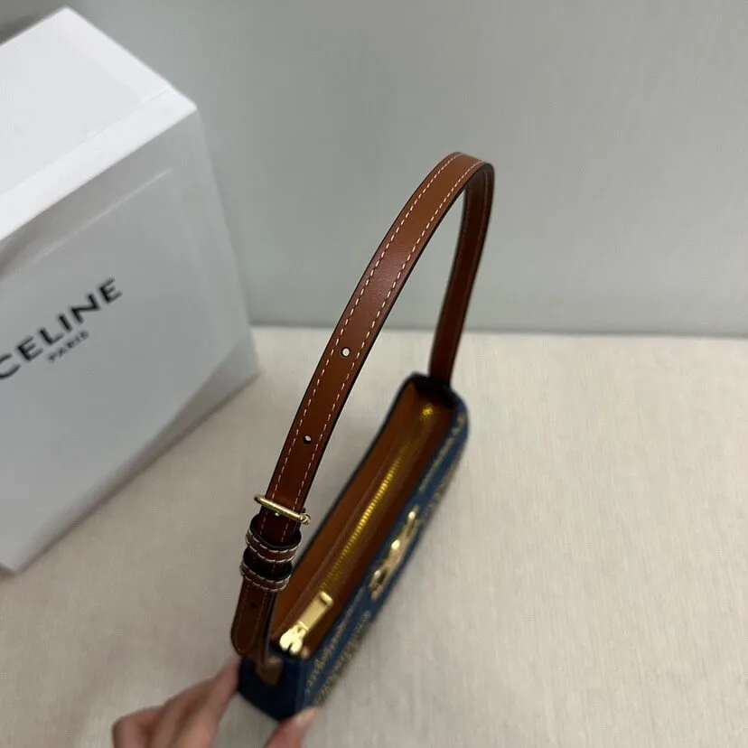 CELINE TILLY TRIOMPHE Medium Bag in Studded Denim and Calfskin