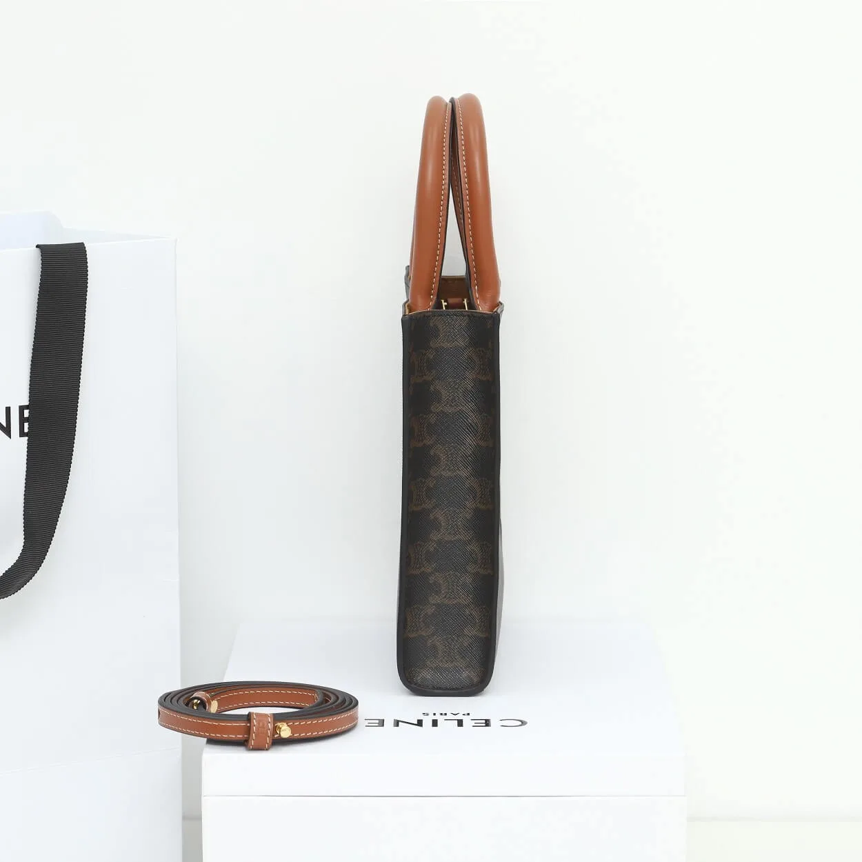 CELINE Mini Vertical Cabas Bag in Calfskin Leather with Logo and Celine Print