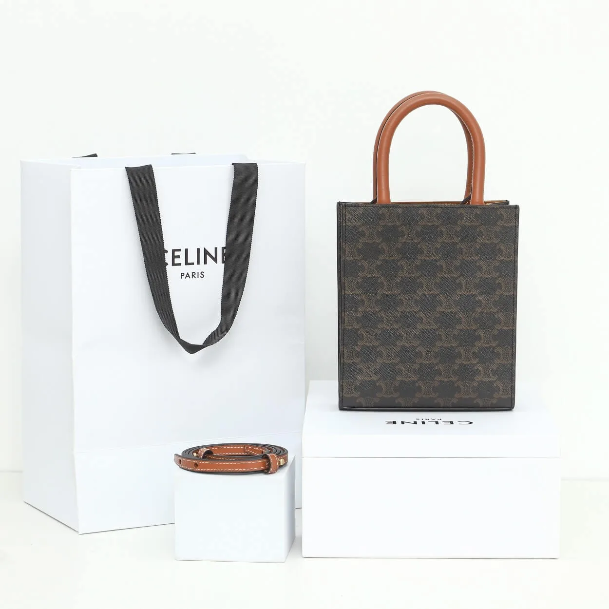 CELINE Mini Vertical Cabas Bag in Calfskin Leather with Logo and Celine Print