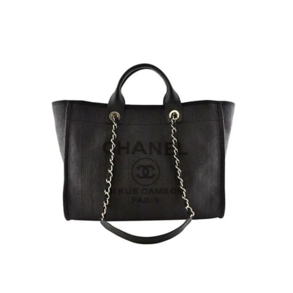 CHANEL Woven Straw Raffia Striped Medium Deauville Tote