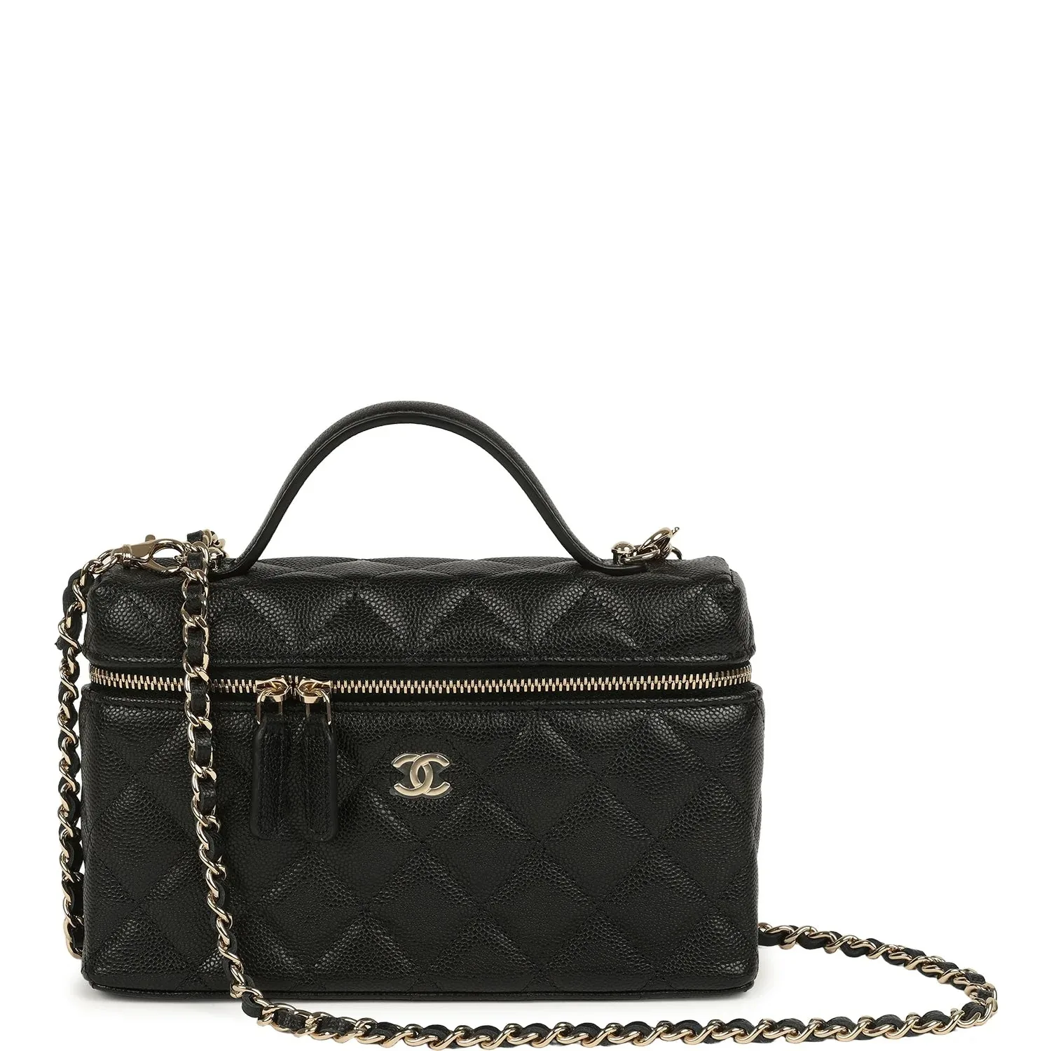 Chanel Top Handle Long Vanity Case with Chain Black Caviar Light Gold Hardware