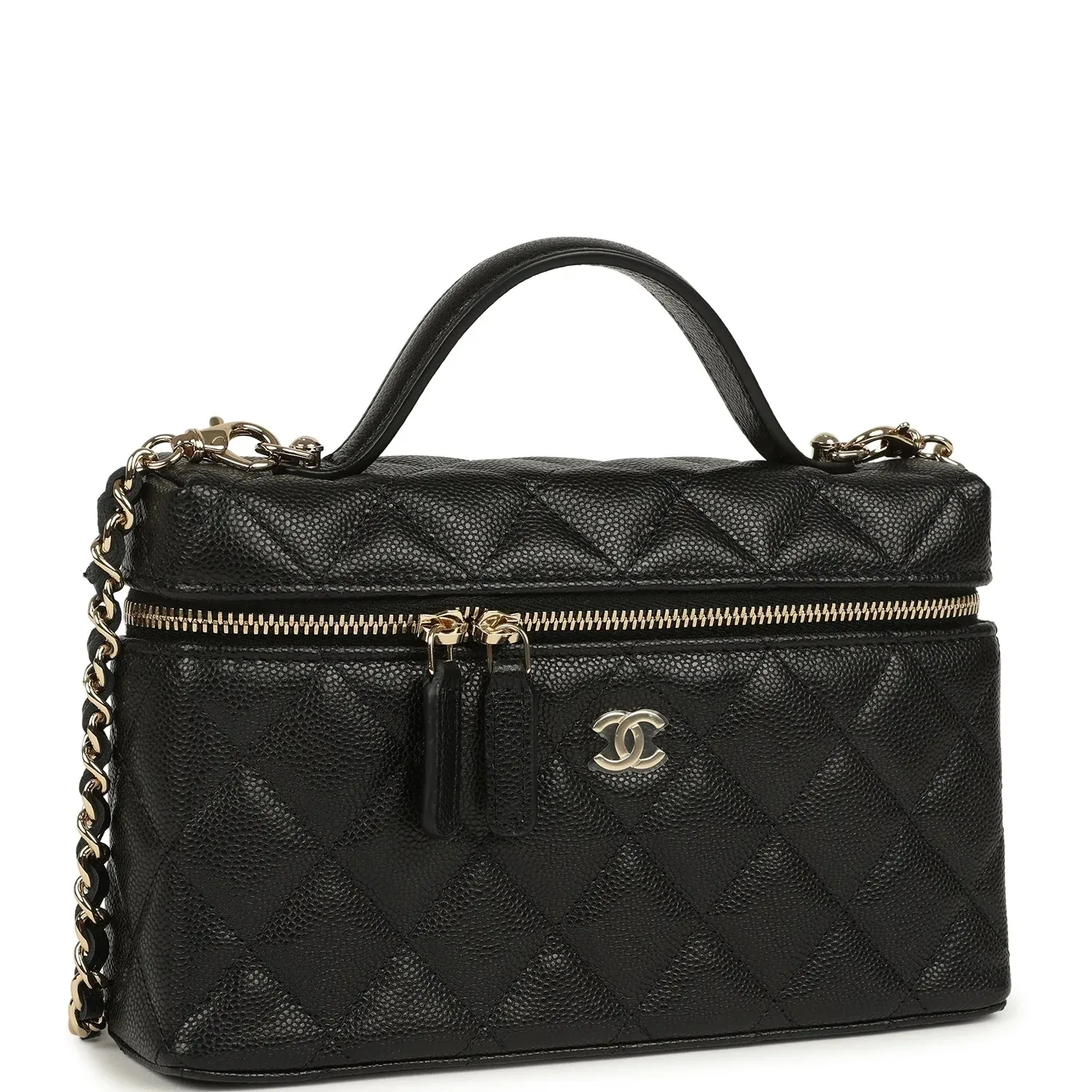 Chanel Top Handle Long Vanity Case with Chain Black Caviar Light Gold Hardware