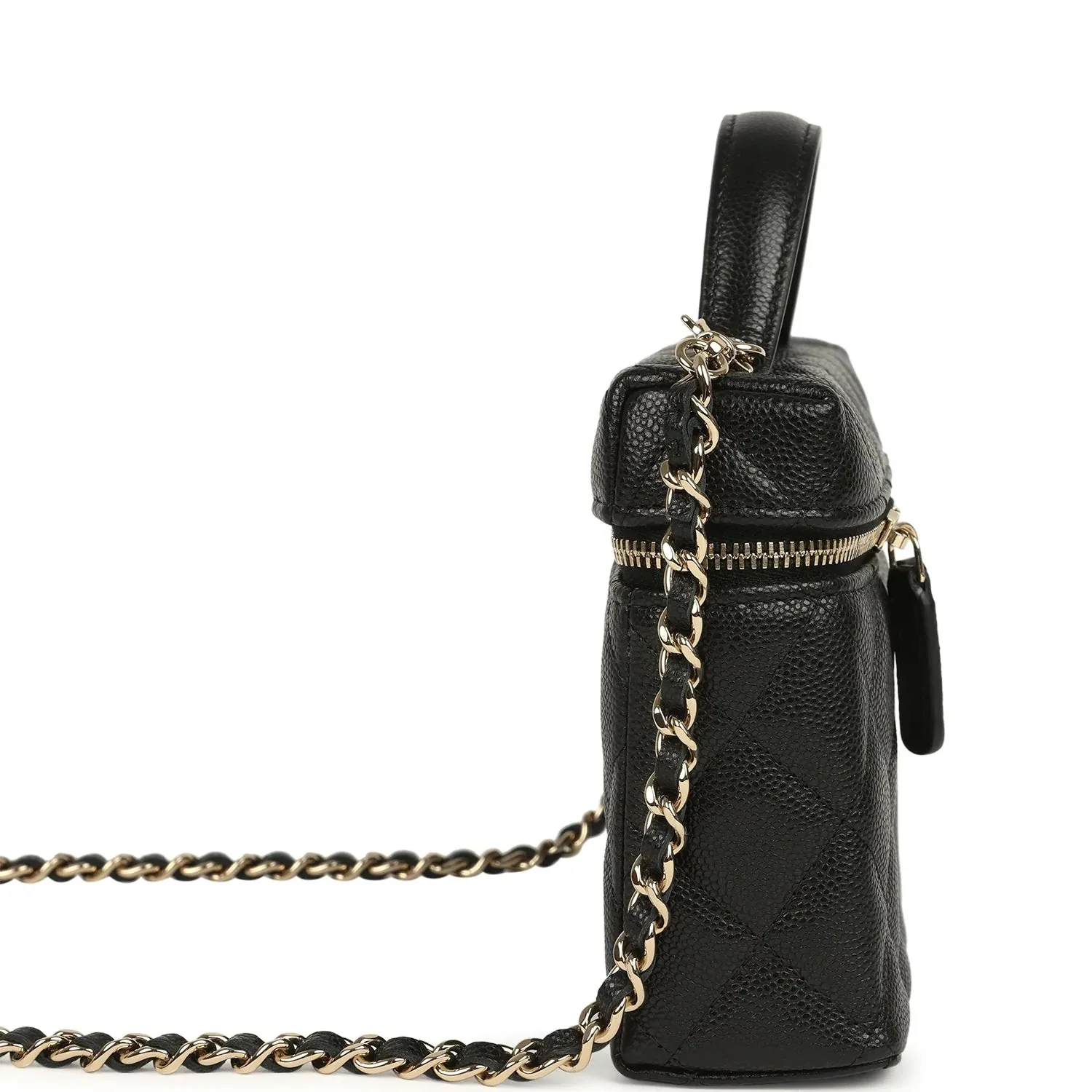 Chanel Top Handle Long Vanity Case with Chain Black Caviar Light Gold Hardware