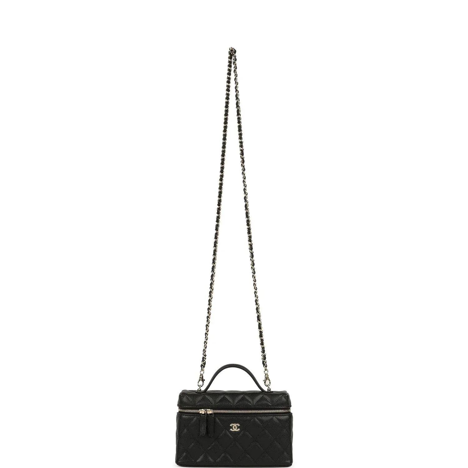 Chanel Top Handle Long Vanity Case with Chain Black Caviar Light Gold Hardware