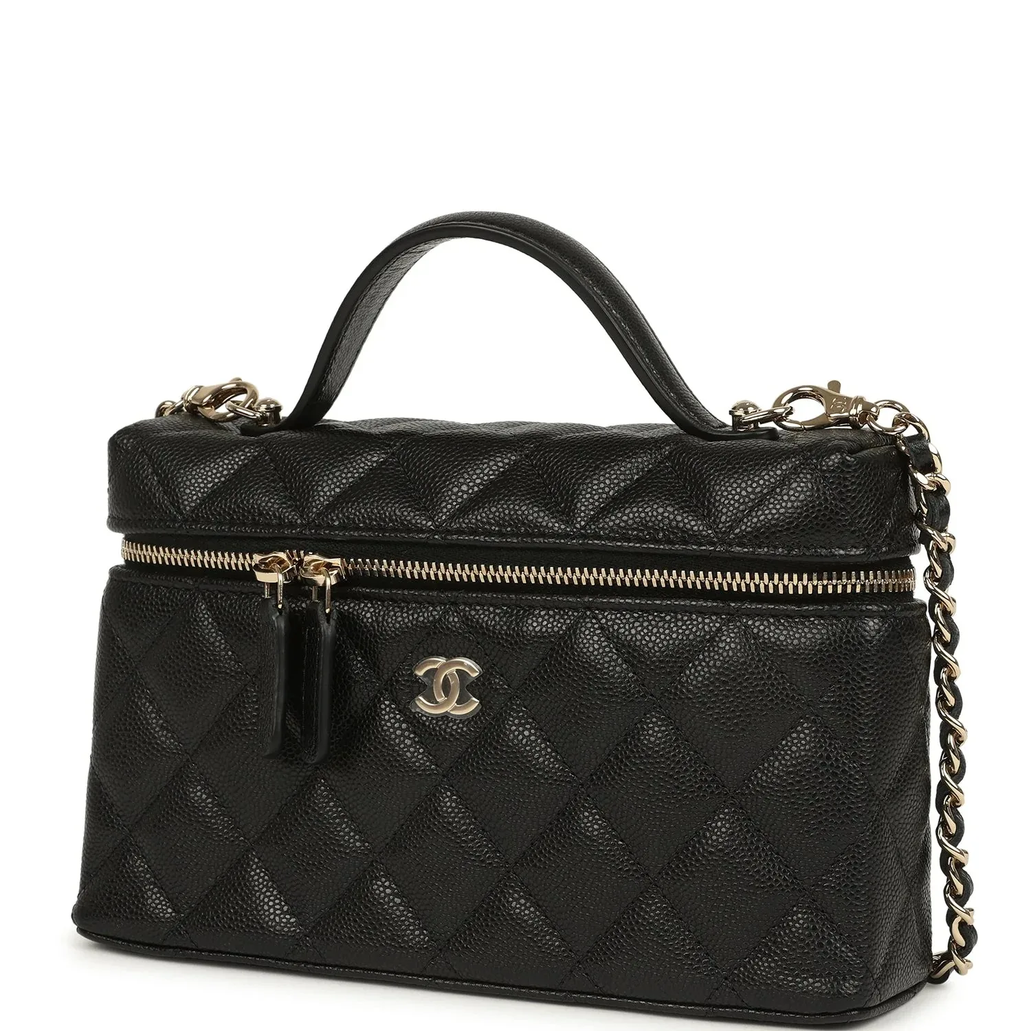 Chanel Top Handle Long Vanity Case with Chain Black Caviar Light Gold Hardware