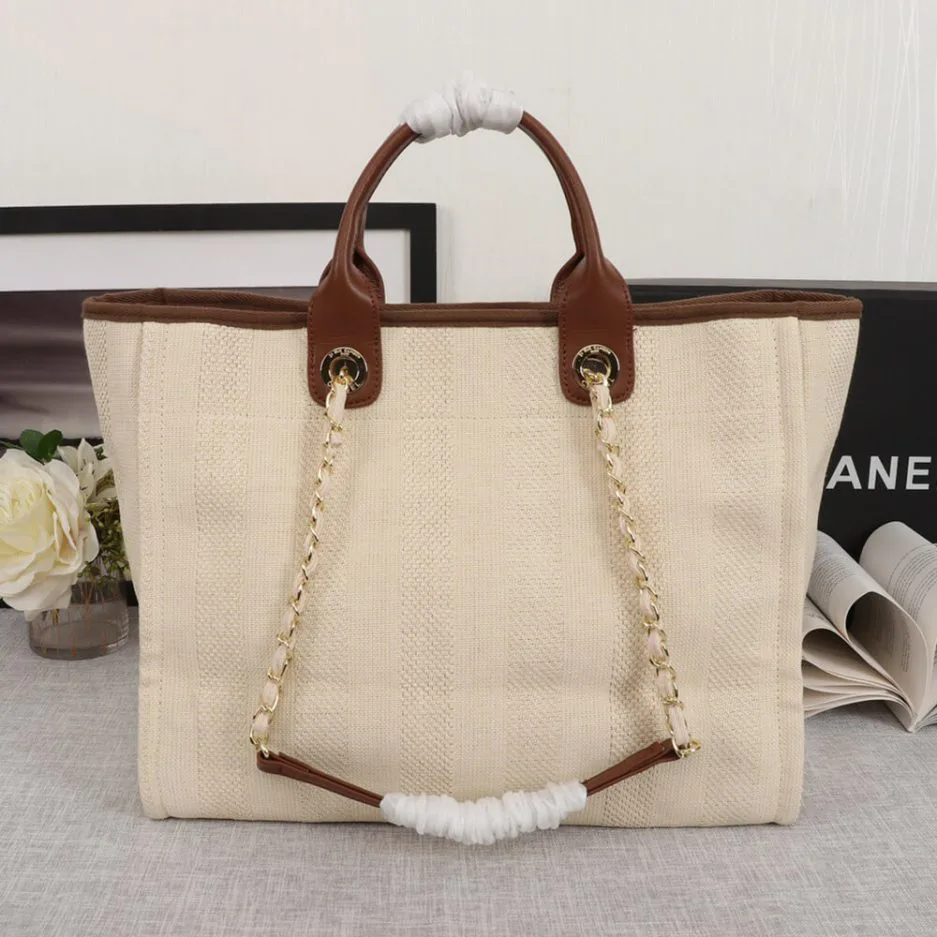 CHANEL Woven Straw Raffia Striped Medium Deauville Tote