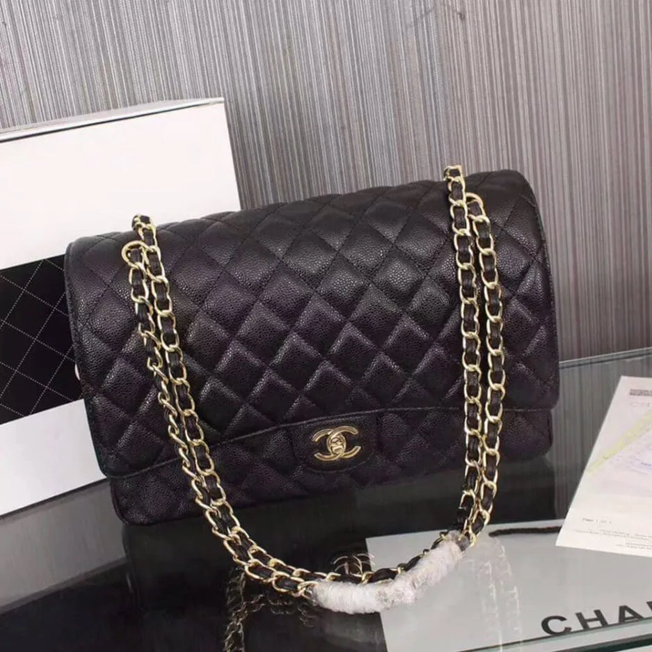 Chanel Classic Maxi Handbag Grained Calfskin & Gold Metal A01115