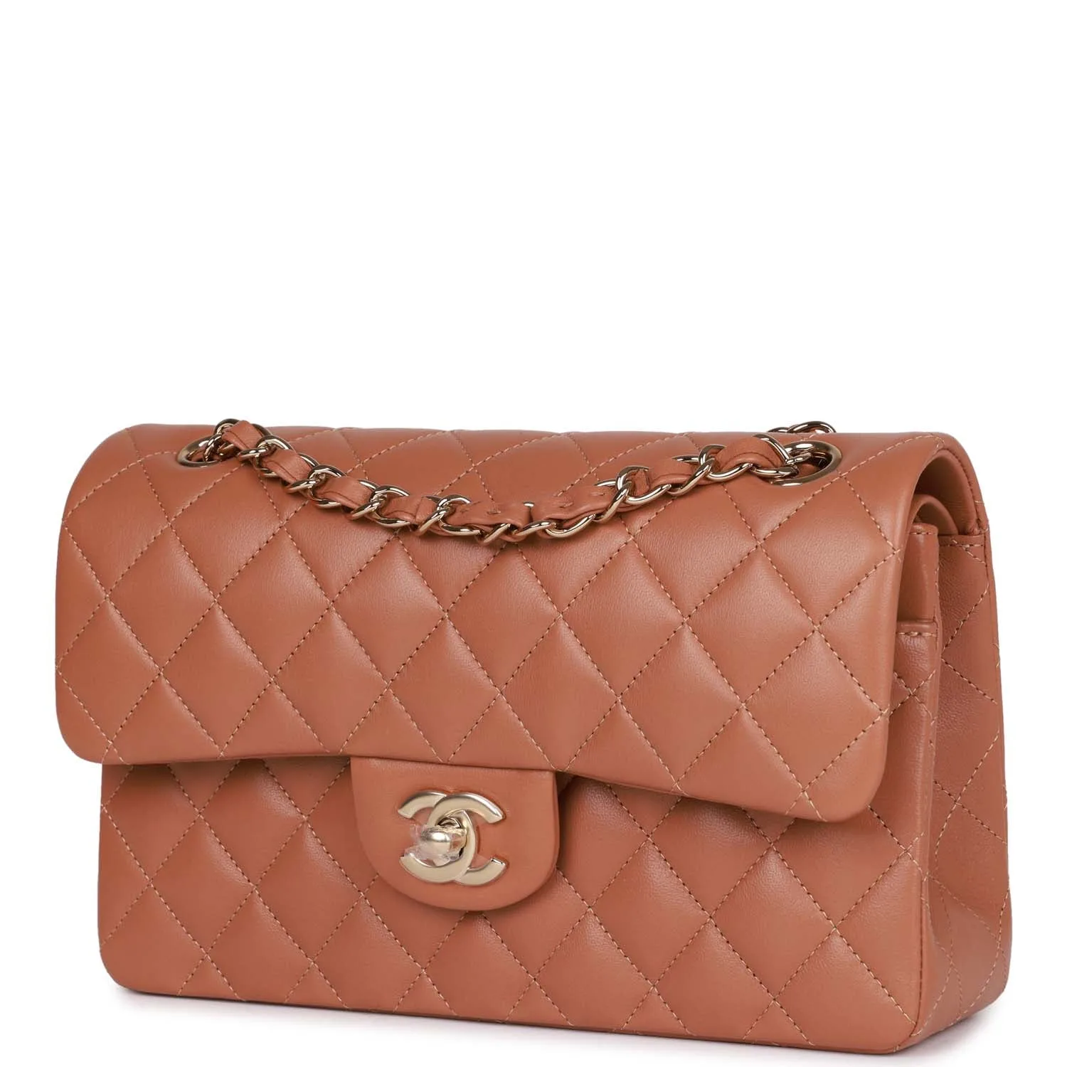Small Classic Double Flap Bag Caramel Brown Lambskin Light Gold Hardware