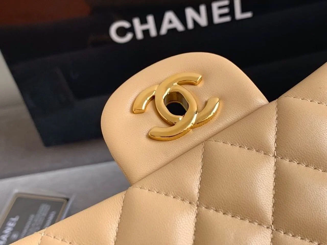 Chanel Classic HandBag Beige For Women 9.9in/25.5cm A01112