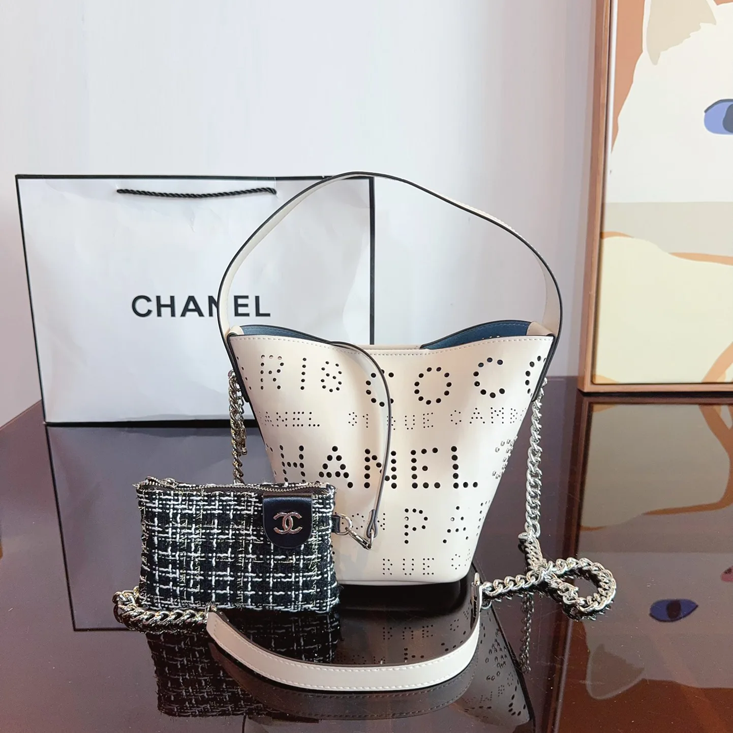 Calfskin Tweed Small Piercing Light Bucket Bag