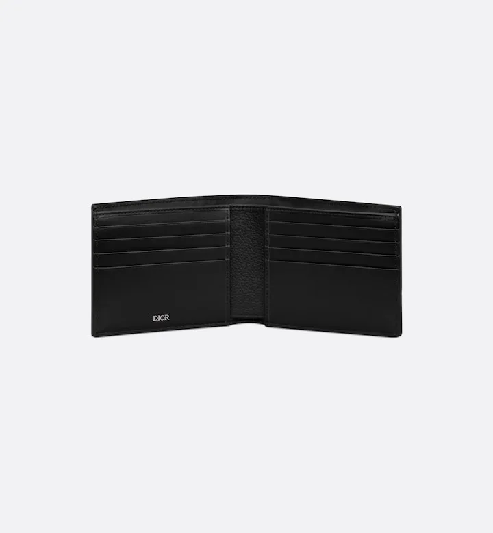 Saddle Bifold Card Holder Black Grained Calfskin Marquetry with Beige and Black Oblique Jacquard