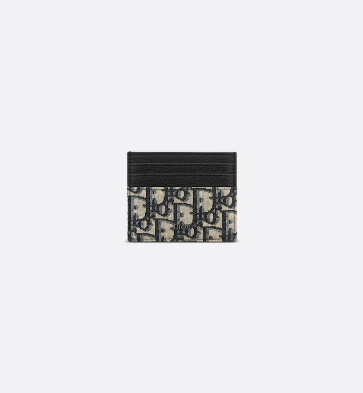 Card Holder Beige and Black Oblique Jacquard with Black Grained Calfskin