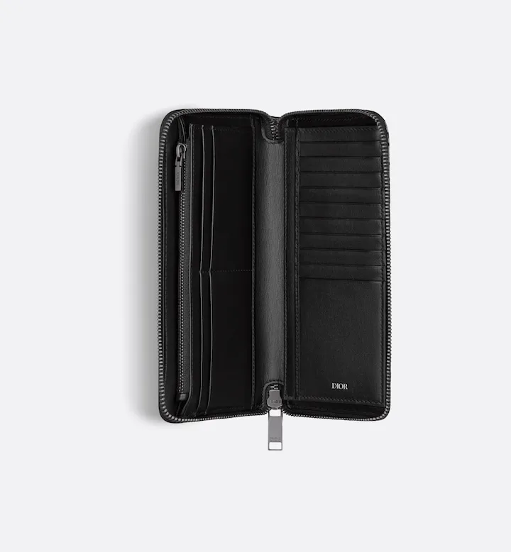 Vertical Long Zipped Wallet Beige and Black Oblique Jacquard