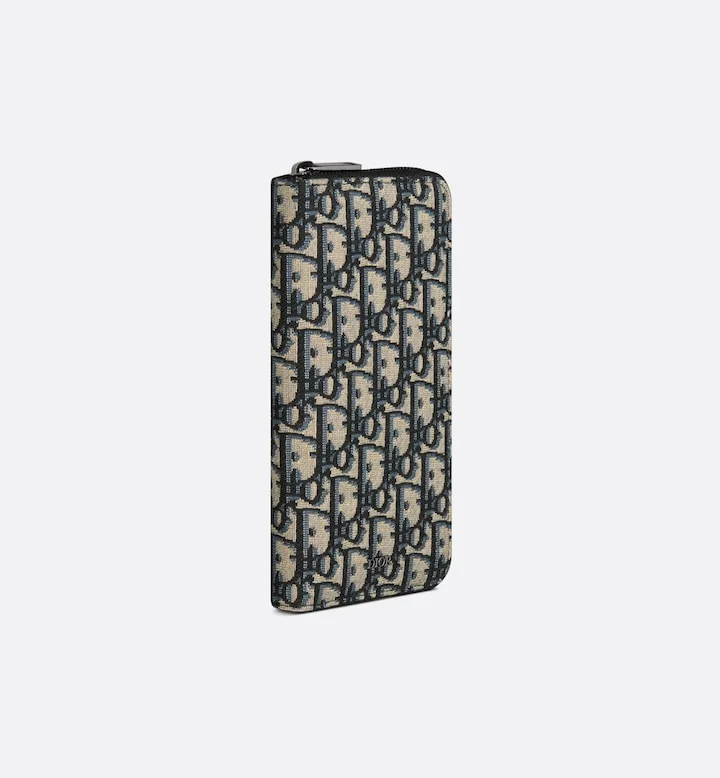 Vertical Long Zipped Wallet Beige and Black Oblique Jacquard
