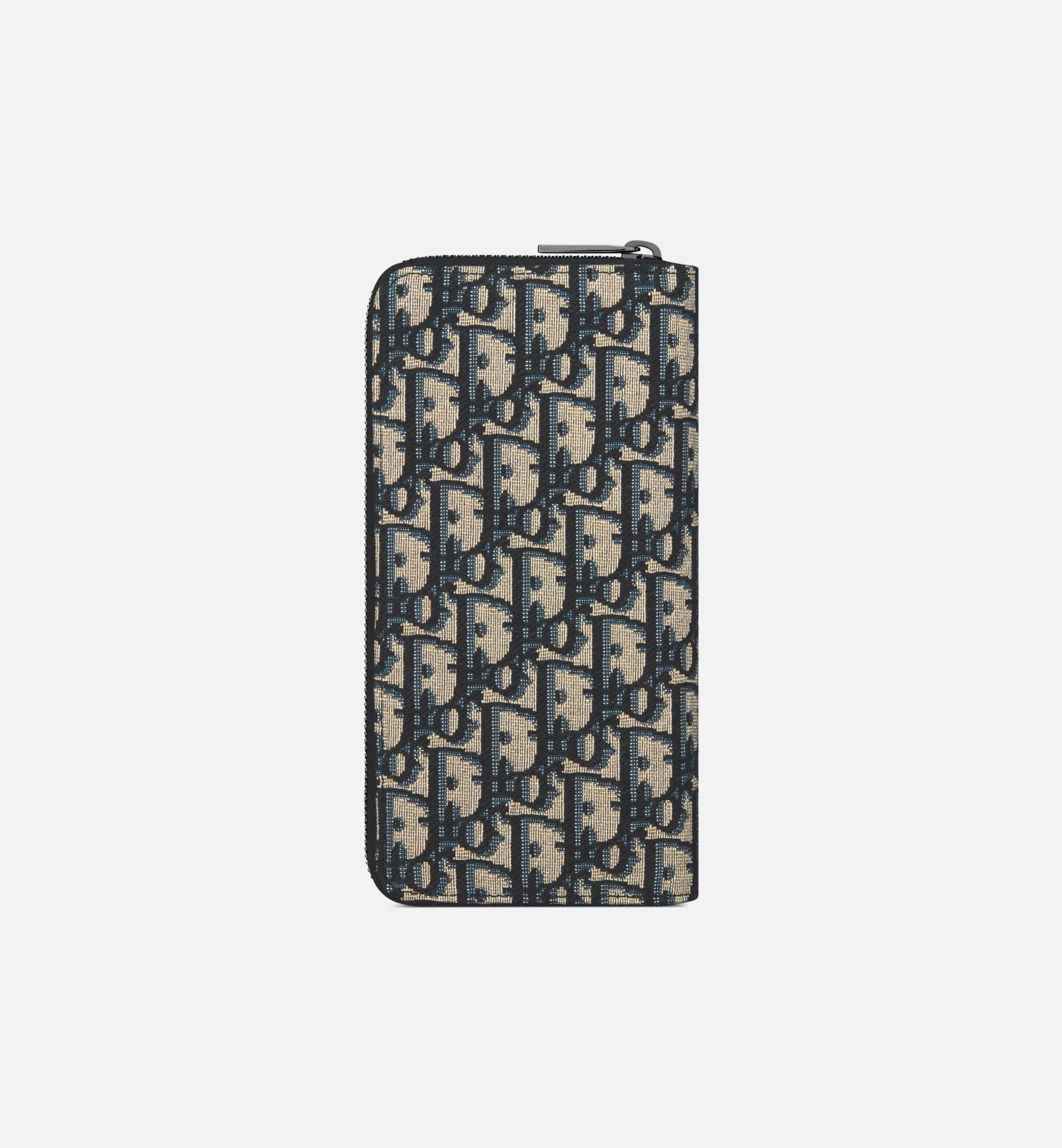 Vertical Long Zipped Wallet Beige and Black Oblique Jacquard