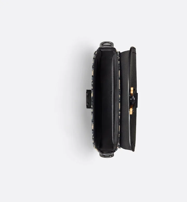 Mini Saddle Messenger Bag with Flap Beige and Black Oblique Jacquard with Black Grained Calfskin