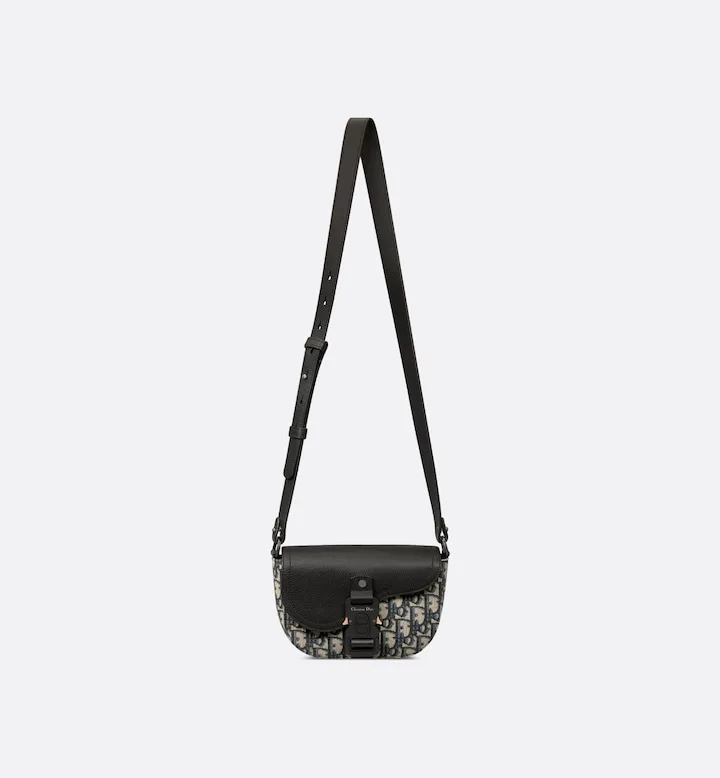 Mini Saddle Messenger Bag with Flap Beige and Black Oblique Jacquard with Black Grained Calfskin