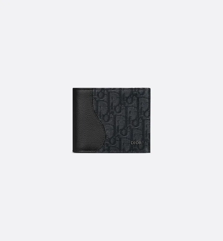 Saddle Bifold Wallet Black Grained Calfskin Marquetry and Black Oblique Jacquard