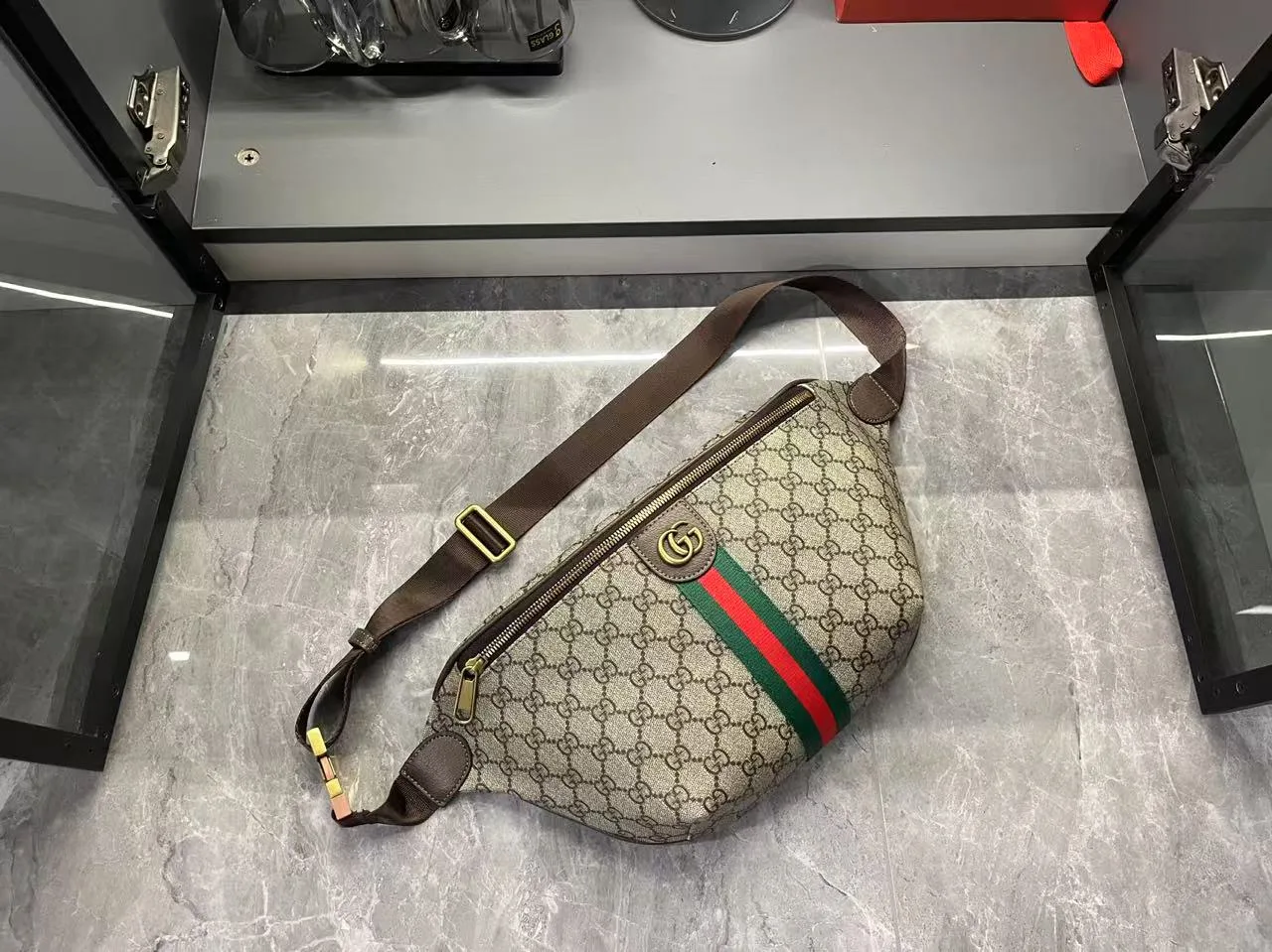 Gucci Ophidia GG Monogram Large Belt Bag - Beige and dark brown