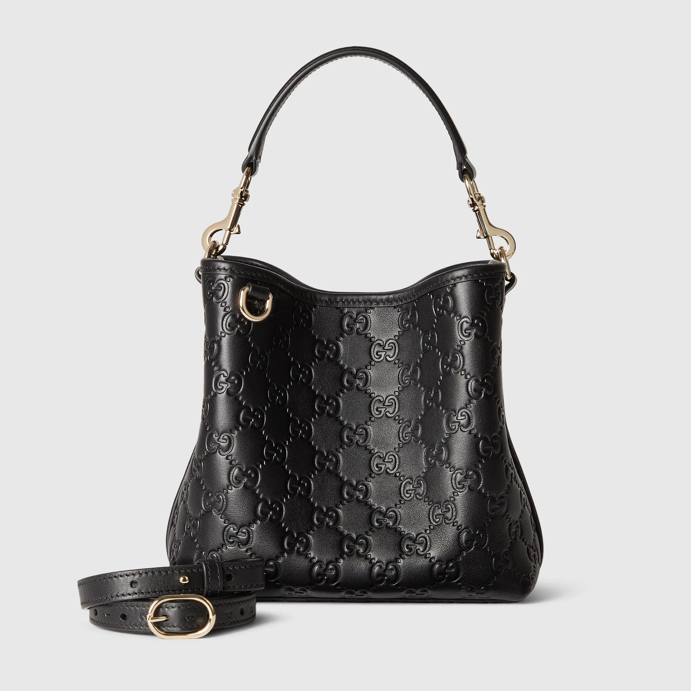 Gucci GG Emblem Small Bucket Bag GG Print Embossed Leather - Black