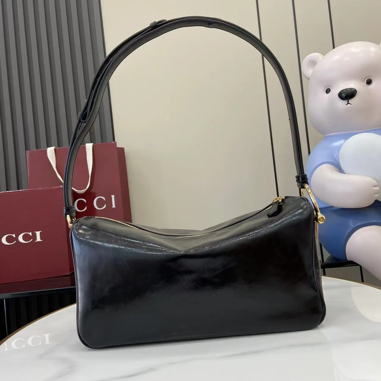 Gucci Half Horsebit Shoulder Black soft glossy leather Medium - Bag