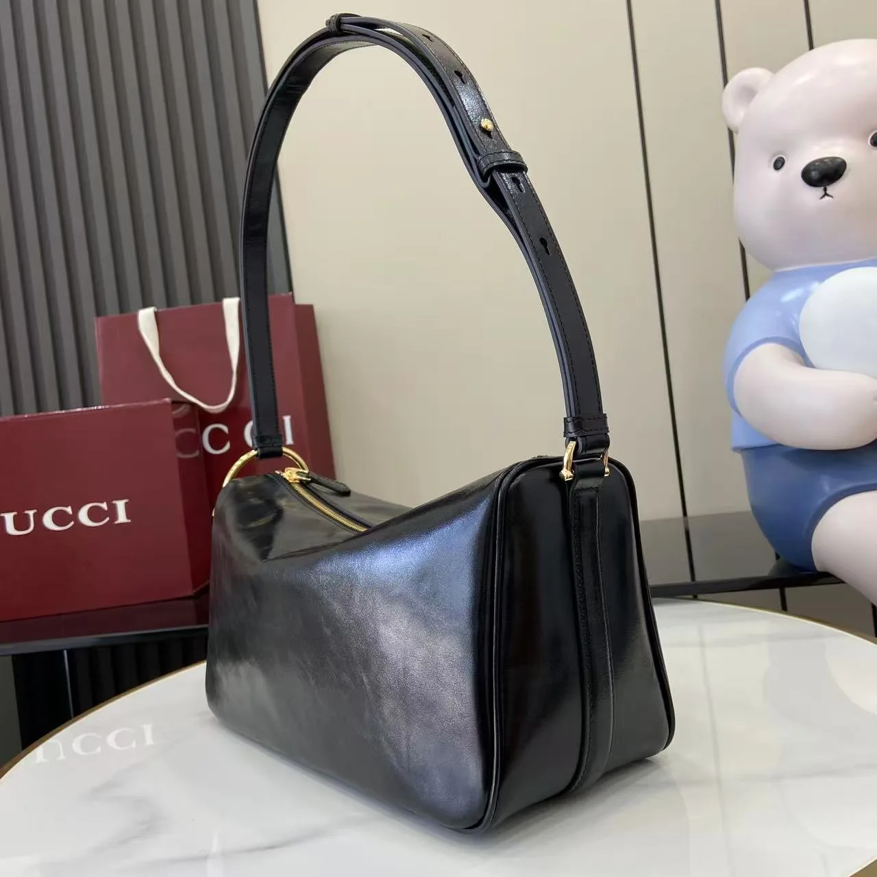 Gucci Half Horsebit Shoulder Black soft glossy leather Medium - Bag