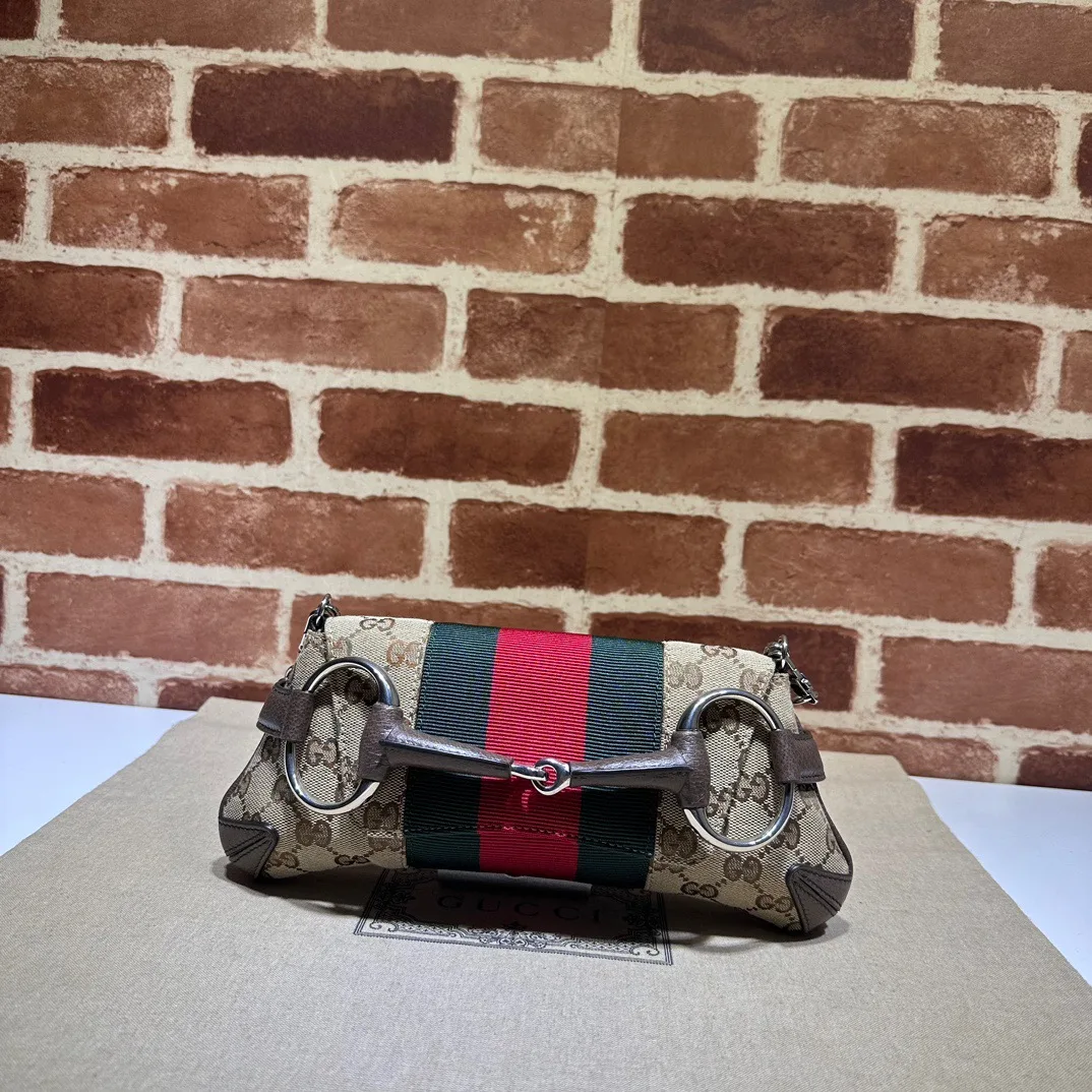 Gucci Horsebit Chain Small Shoulder Bag Beige And Ebony Original GG Canvas - Bag