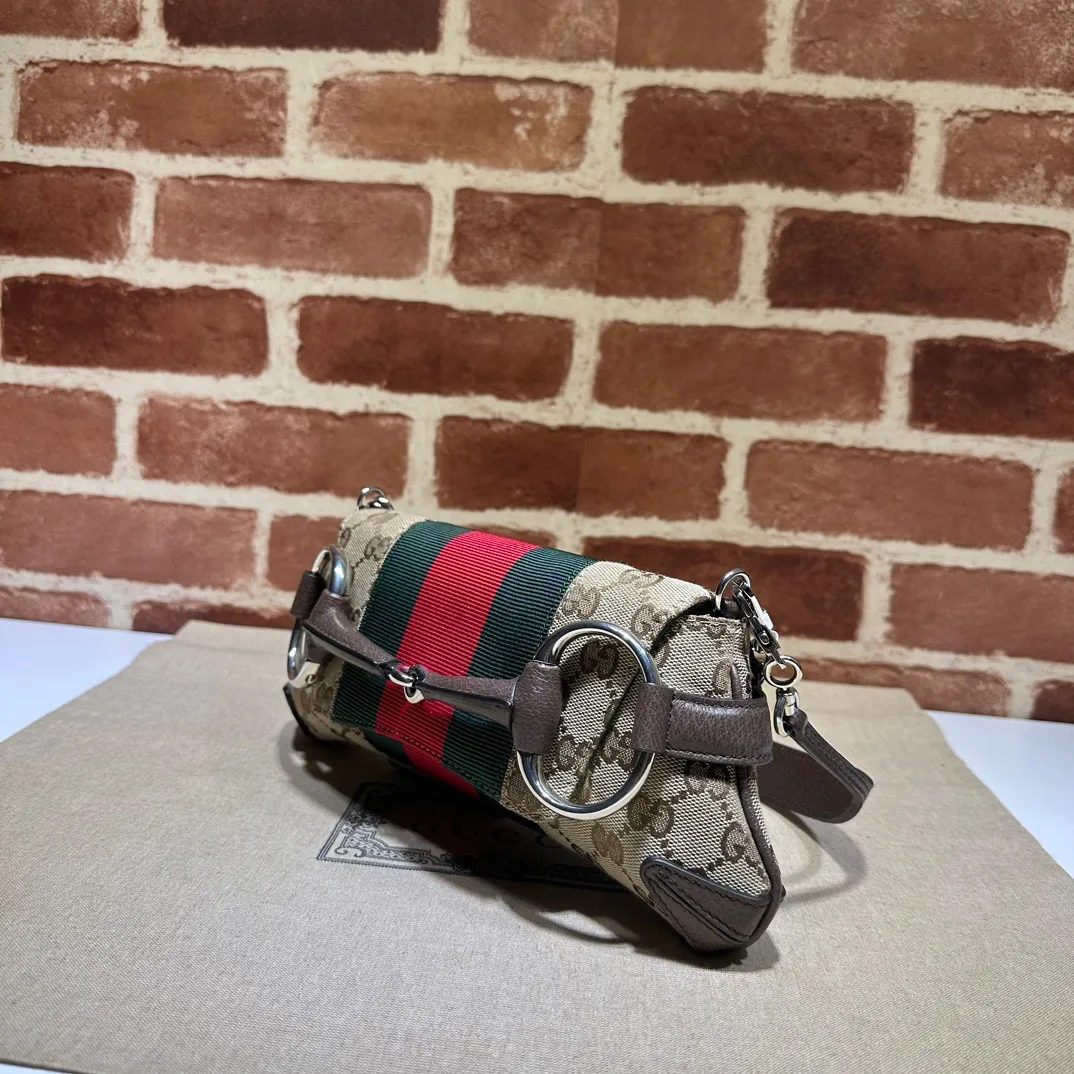 Gucci Horsebit Chain Small Shoulder Bag Beige And Ebony Original GG Canvas - Bag