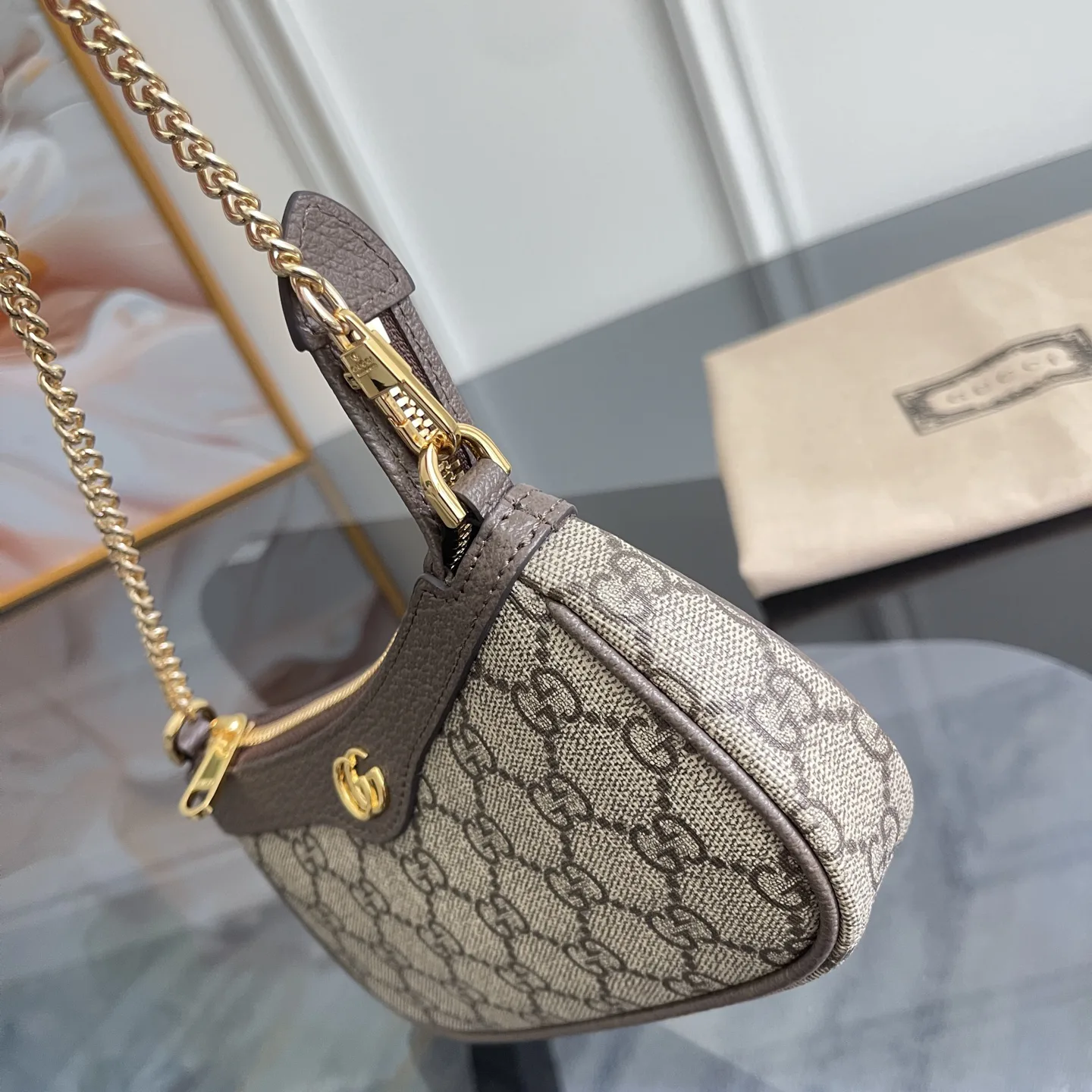 [TOP]Gucci Ophidia Collection Small Handbag - Beige And Dark Brown Bag