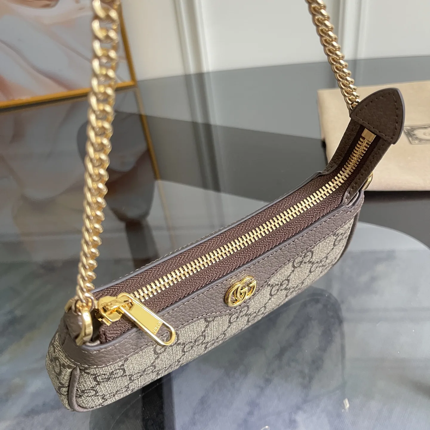 [TOP]Gucci Ophidia Collection Small Handbag - Beige And Dark Brown Bag