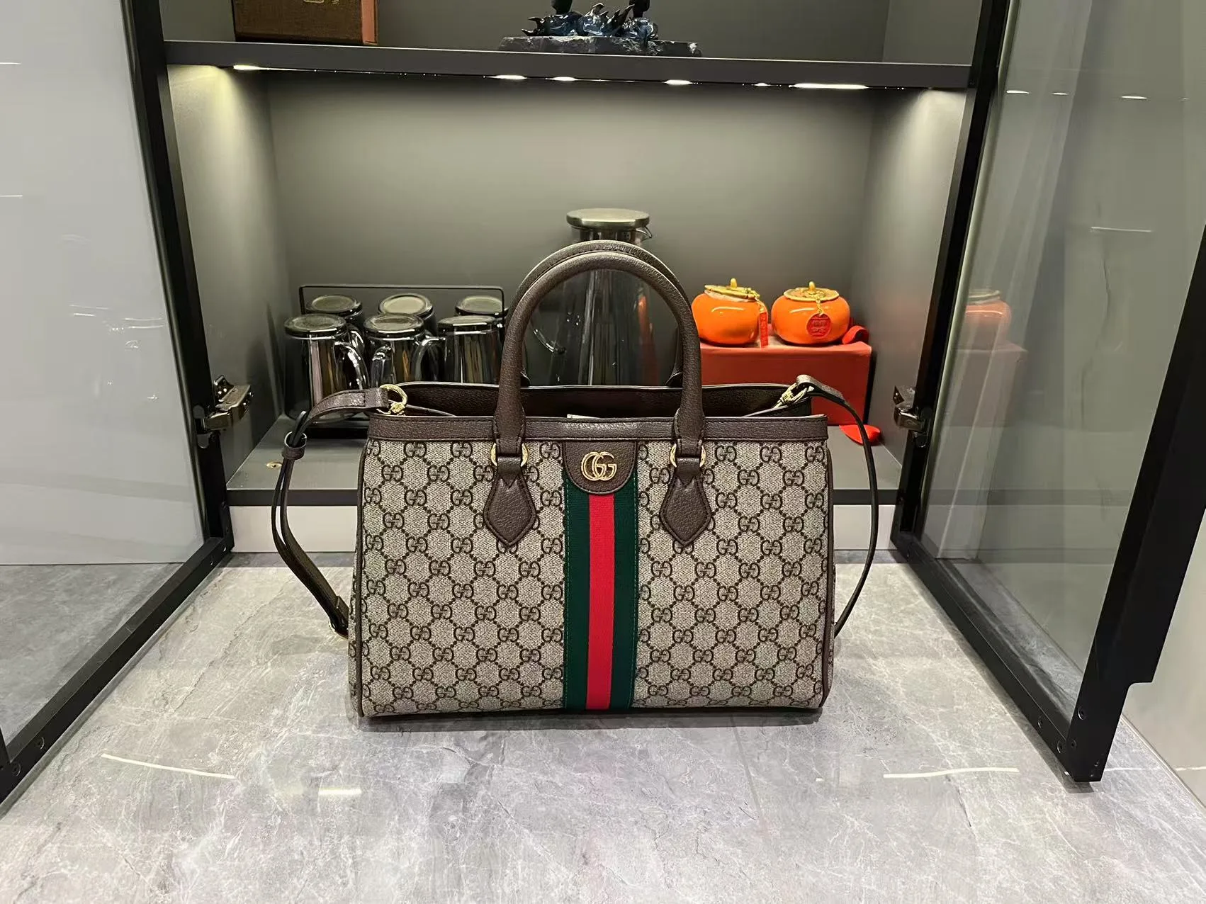 Gucci Ophidia Tote Bag Medium Size GG Monogram coated fabric - Beige and dark brown