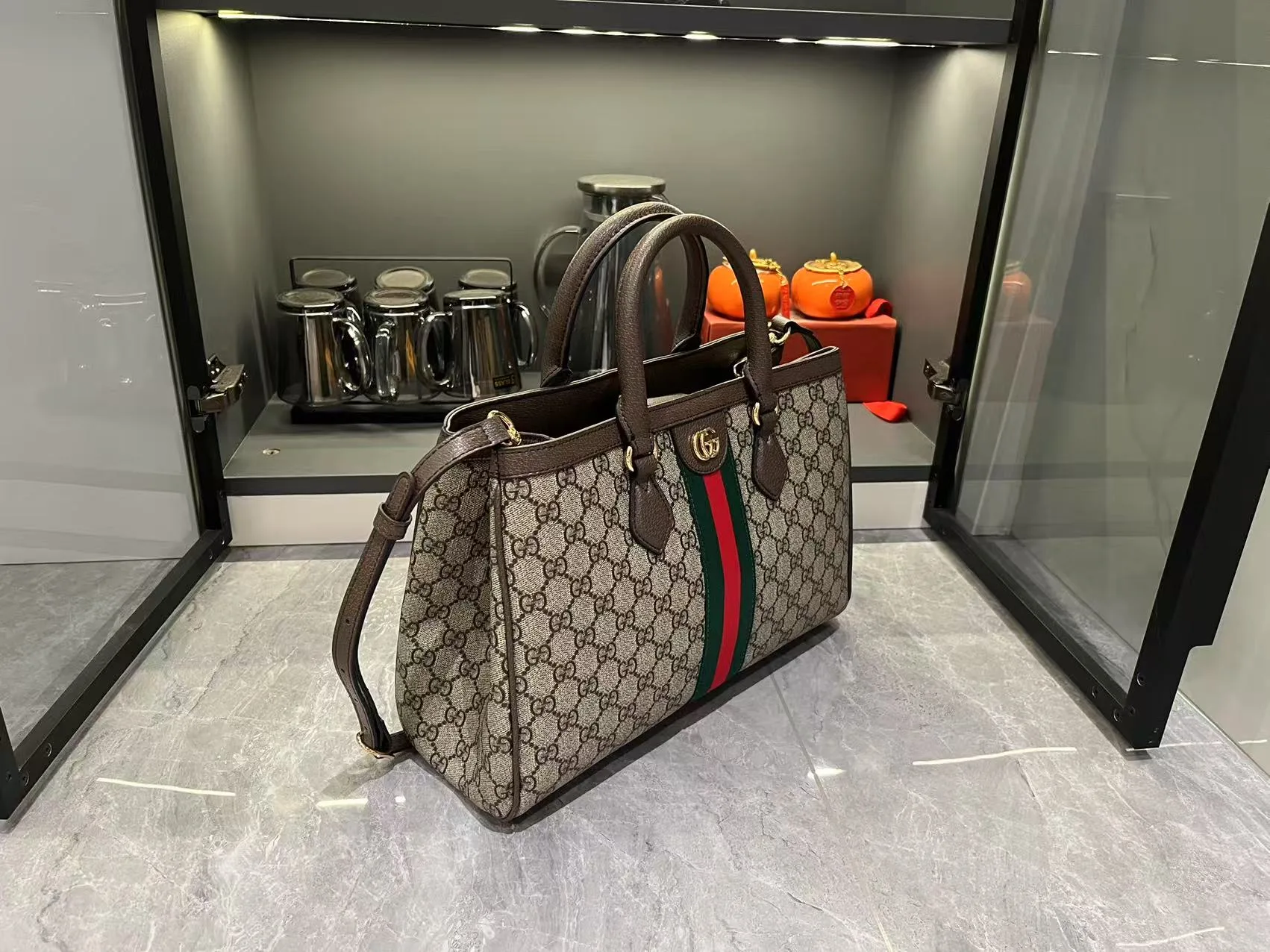Gucci Ophidia Tote Bag Medium Size GG Monogram coated fabric - Beige and dark brown