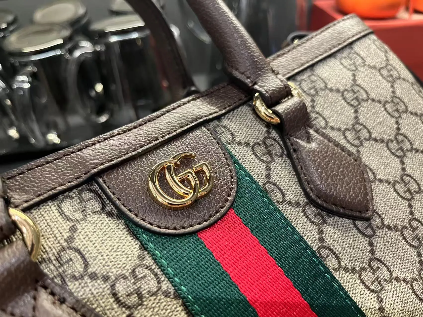 Gucci Ophidia Tote Bag Medium Size GG Monogram coated fabric - Beige and dark brown