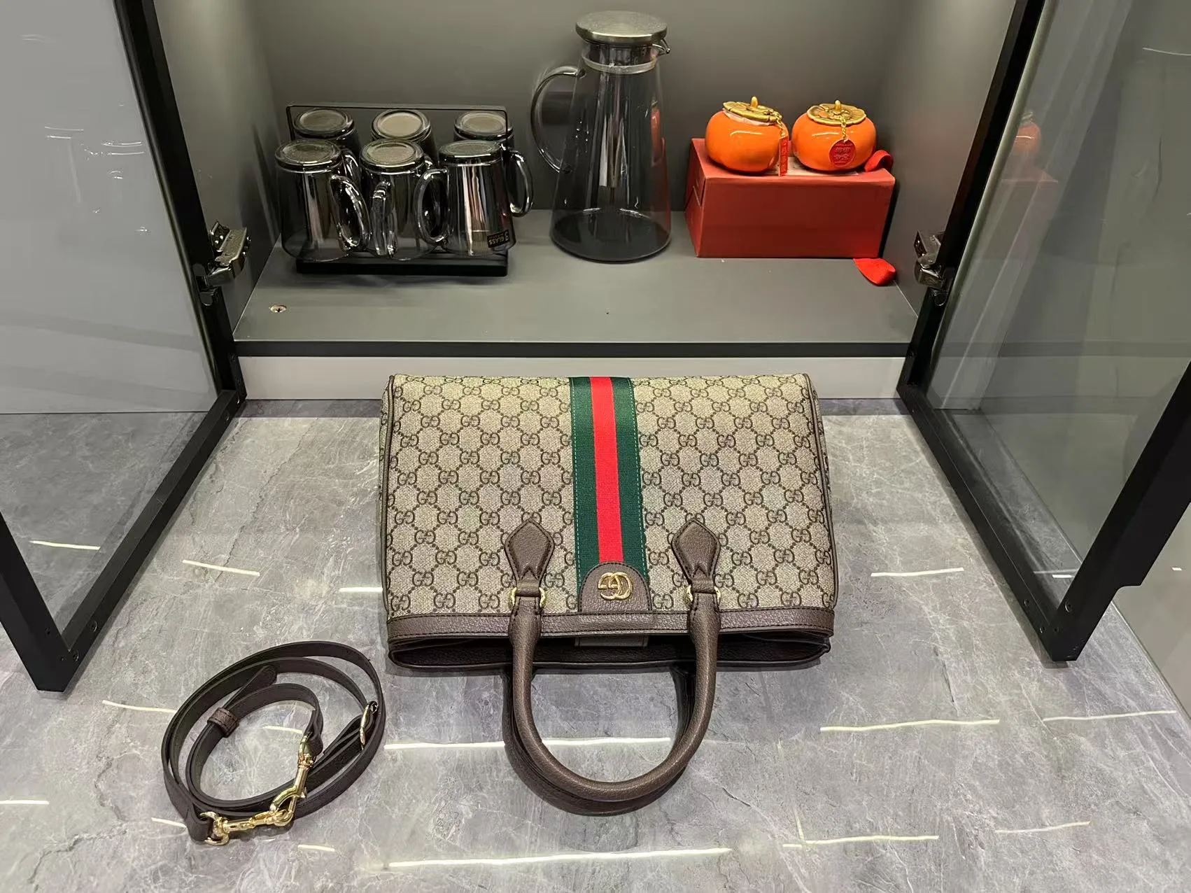 Gucci Ophidia Tote Bag Medium Size GG Monogram coated fabric - Beige and dark brown