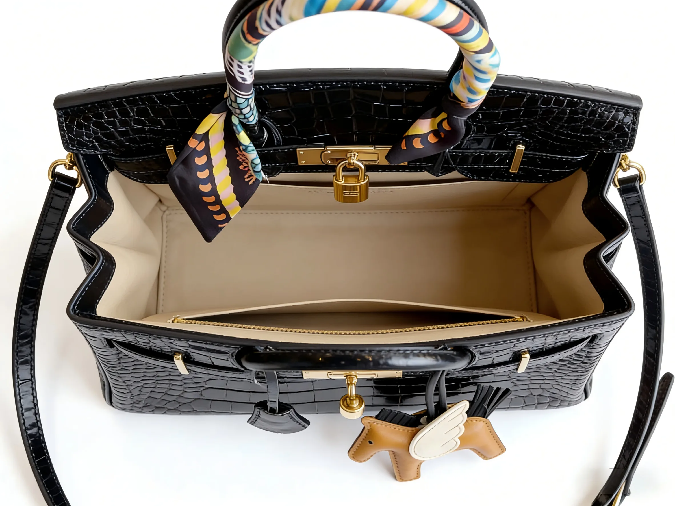 Birkin 25 & 30 Shiny Alligator Crocodile Noir GHW with Rodeo Pegase Charm and Twilly Scarf