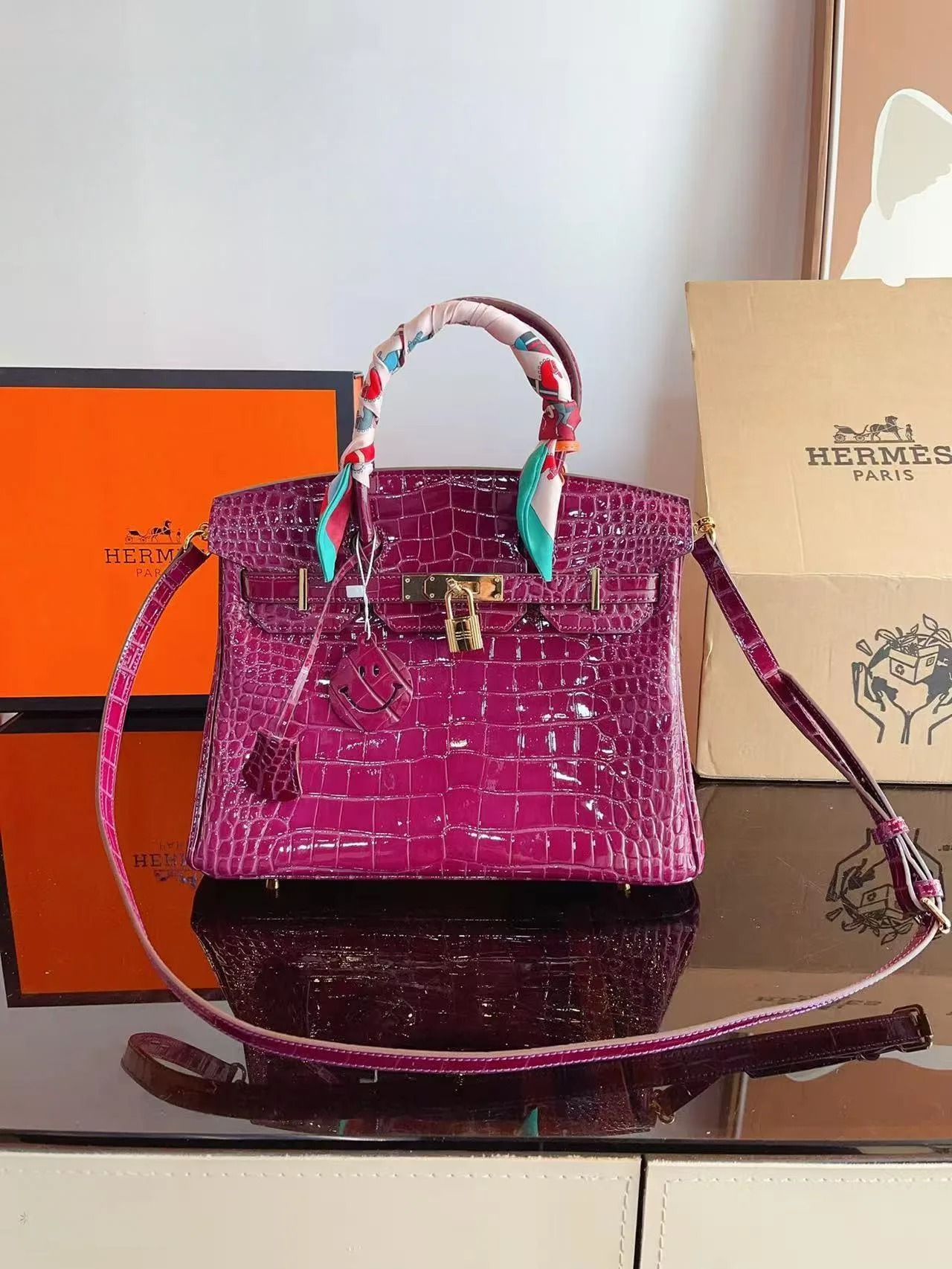 Birkin 25 & 30 Shiny Alligator Crocodile Magnolia GHW with Twilly and Rodeo Charm
