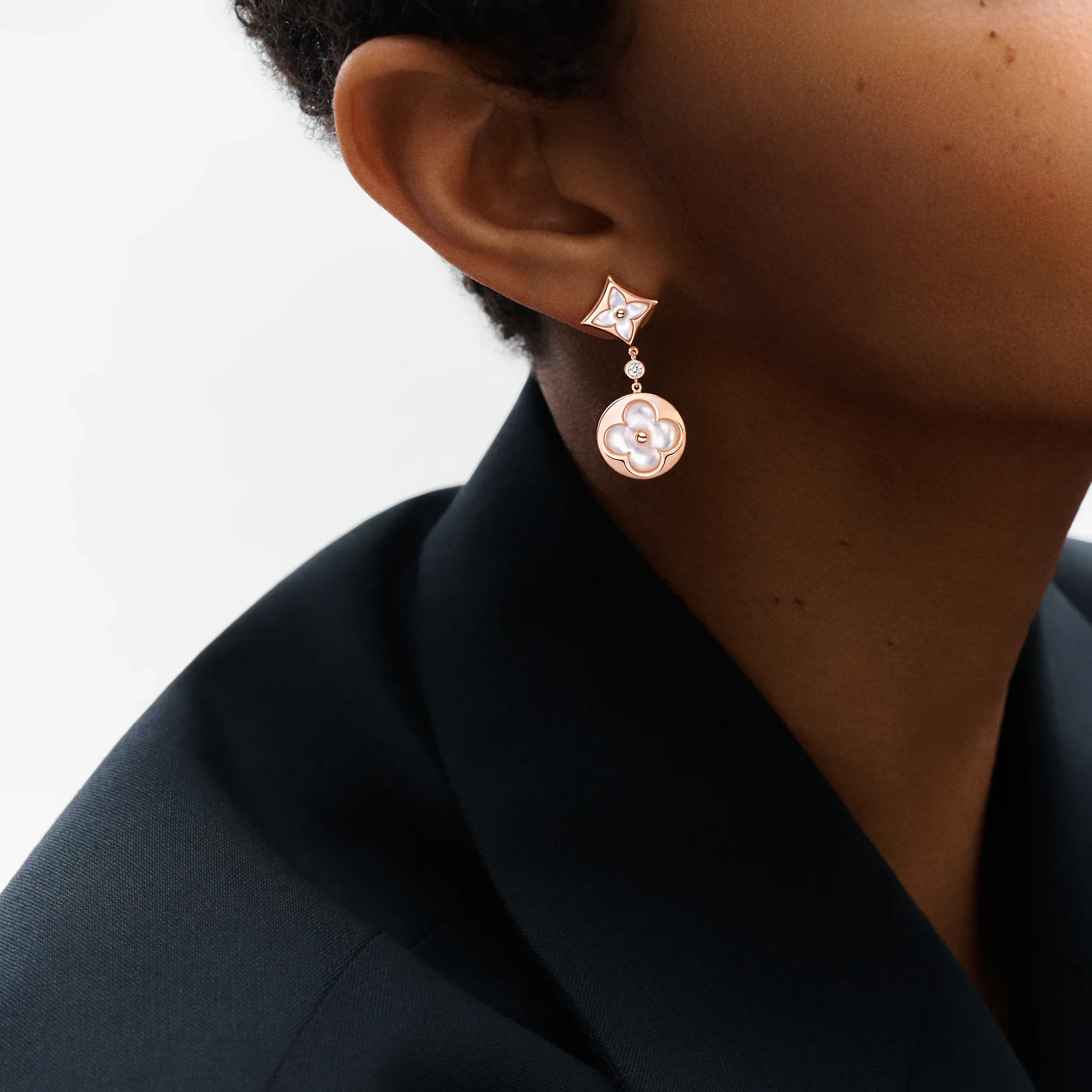 Color Blossom Long Earrings, Pink Gold, White Mother-Of-Pearl And Diamonds