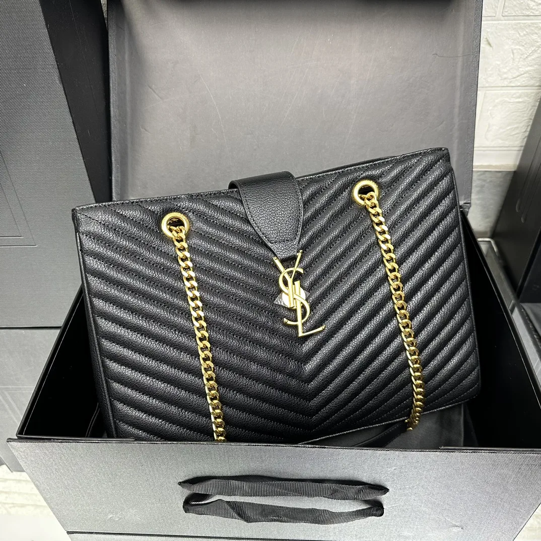 Saint Laurent Black Matelasse Leather Cassandre Large Shopper Tote-Gold Hardware - Bag