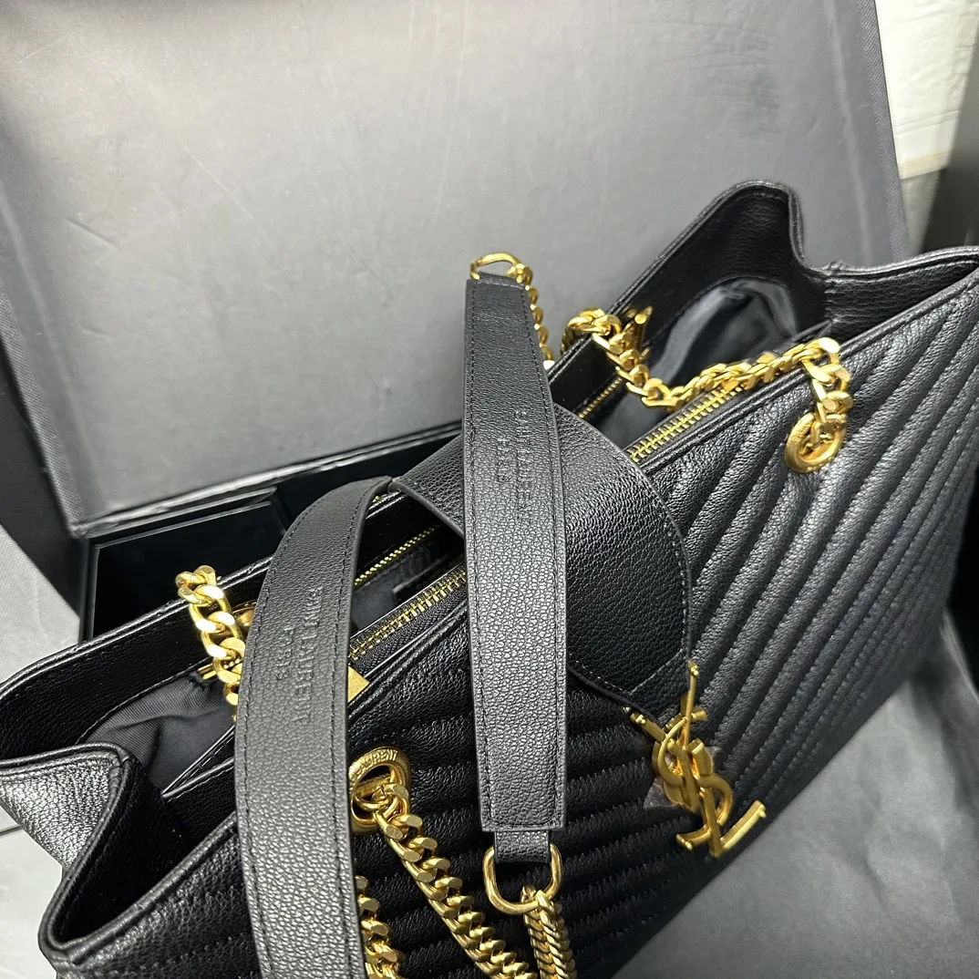 Saint Laurent Black Matelasse Leather Cassandre Large Shopper Tote-Gold Hardware - Bag
