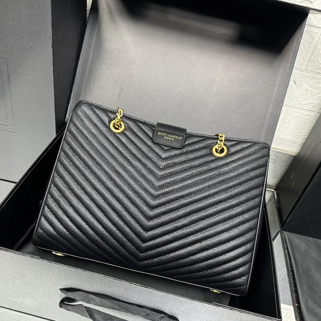 Saint Laurent Black Matelasse Leather Cassandre Large Shopper Tote-Gold Hardware - Bag