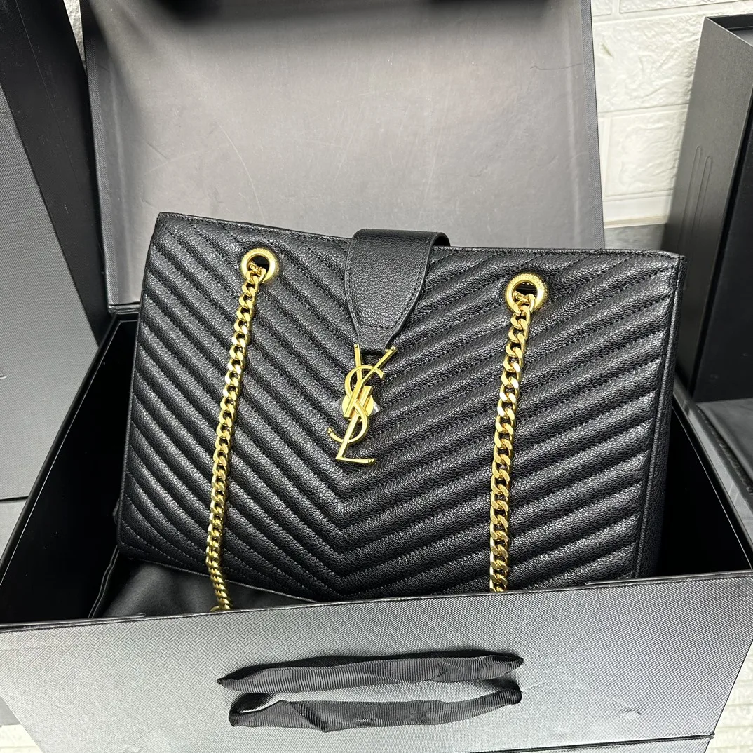 Saint Laurent Black Matelasse Leather Cassandre Large Shopper Tote-Gold Hardware - Bag