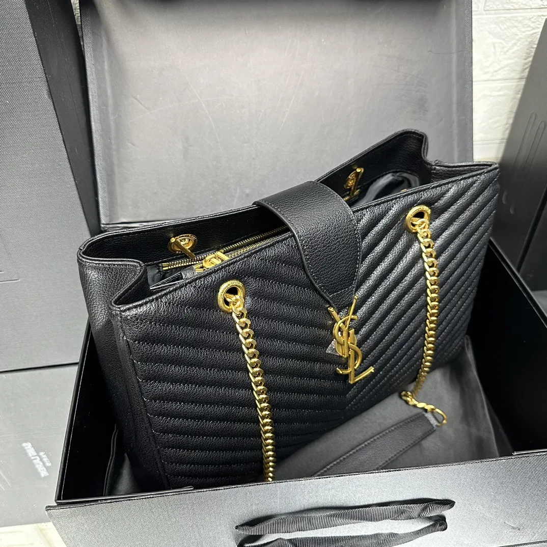 Saint Laurent Black Matelasse Leather Cassandre Large Shopper Tote-Gold Hardware - Bag