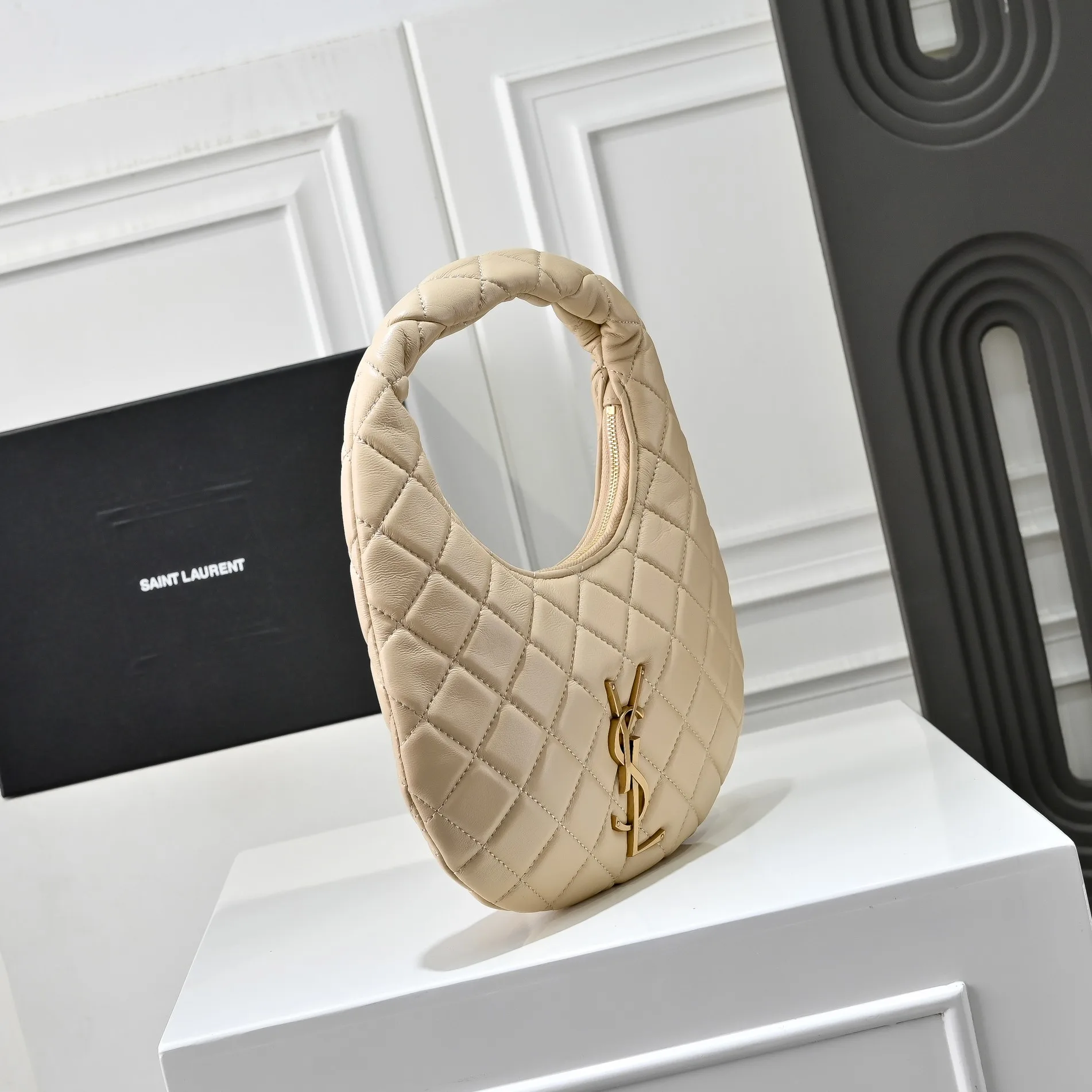 [TOP]Saint Laurent YSL IICARINO in quilted suede Hobo Bag - DARK BEIGE