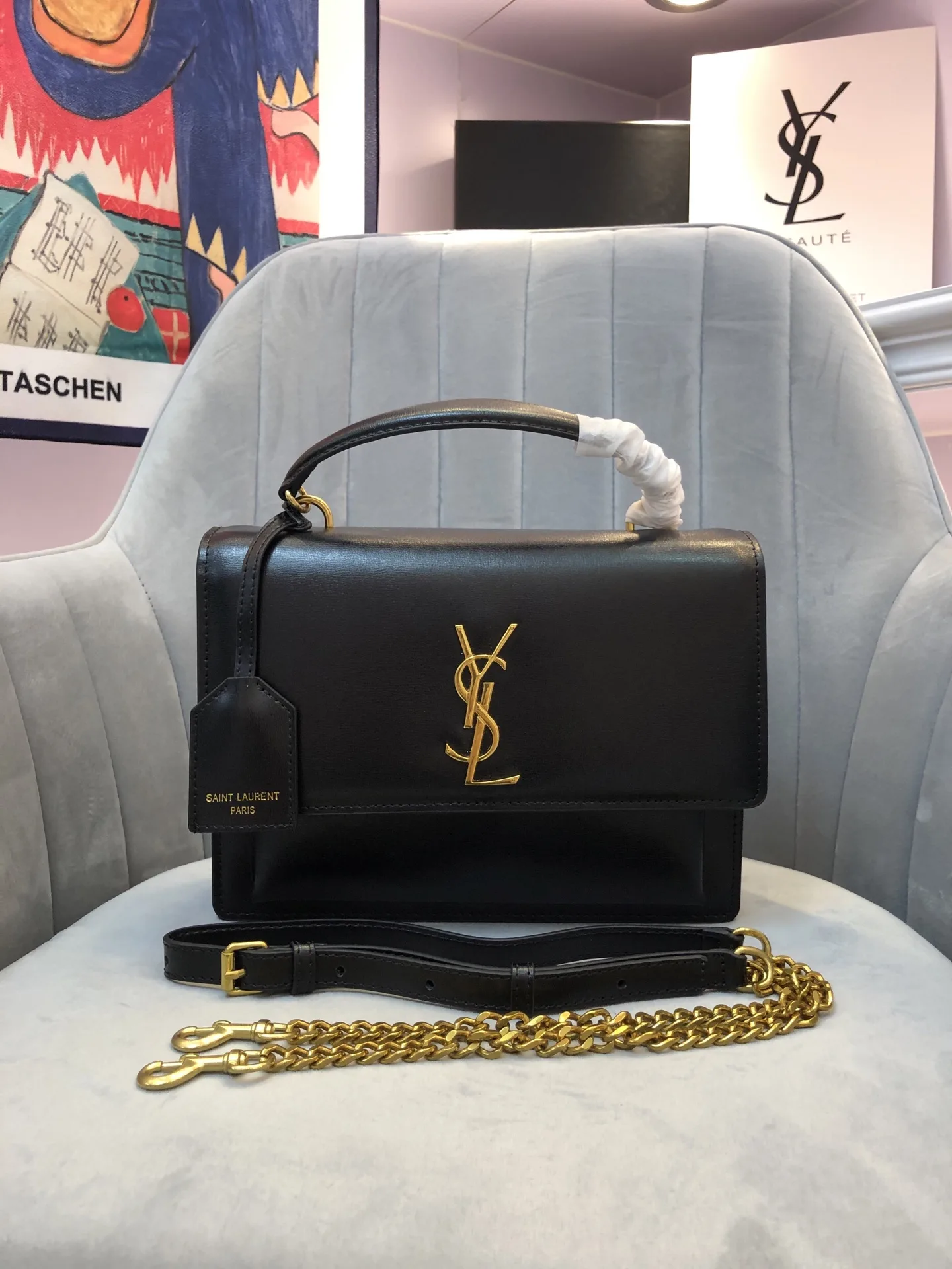 Saint Laurent YSL Sunset Top Handle Shoulder Bag Medium Black Gold - Bag