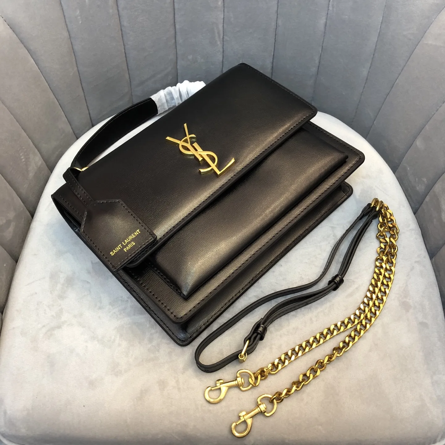 Saint Laurent YSL Sunset Top Handle Shoulder Bag Medium Black Gold - Bag