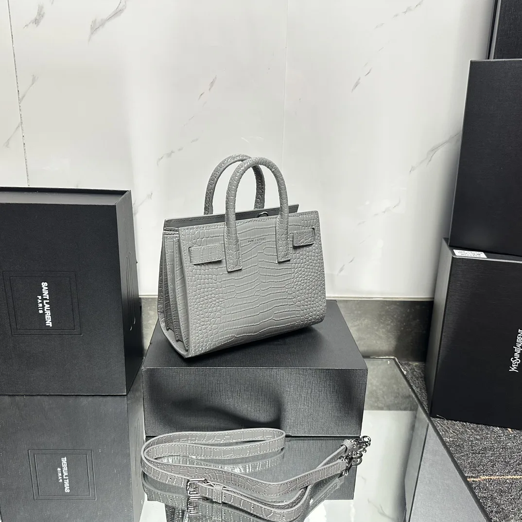 Saint Laurent Grey Croc Embossed Leather Nano Classic Sac De Jour Tote - Bag
