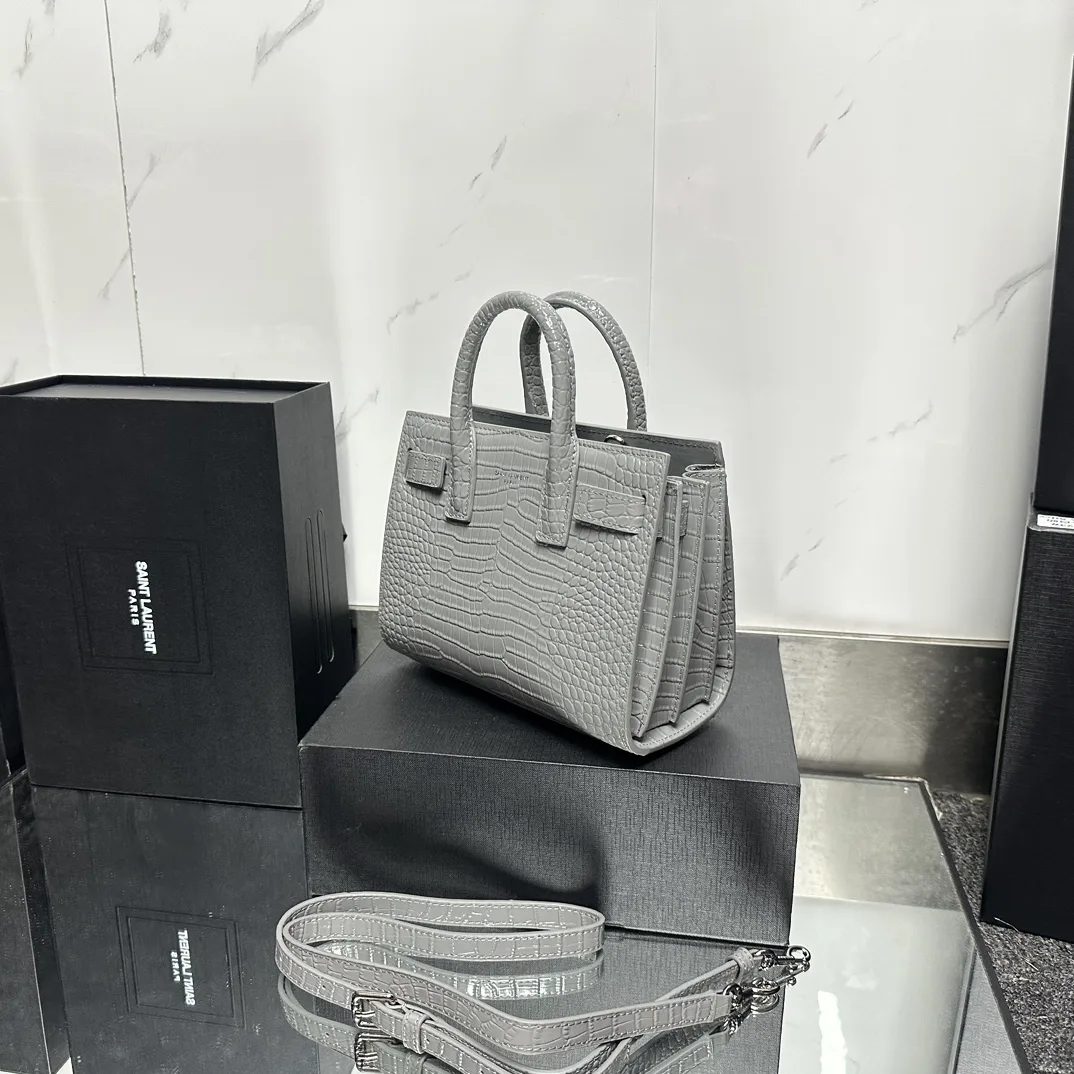 Saint Laurent Grey Croc Embossed Leather Nano Classic Sac De Jour Tote - Bag
